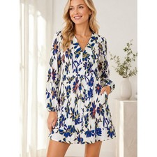 Taylor Floral Mini Dress Womens Small White Blue Pleated Long Sleeve V-Nec