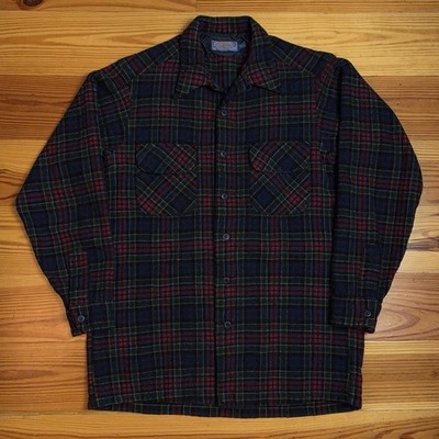 VTG 60s Pendleton Loop Collar Wool Board Shirt Blue Plaid Flannel L
