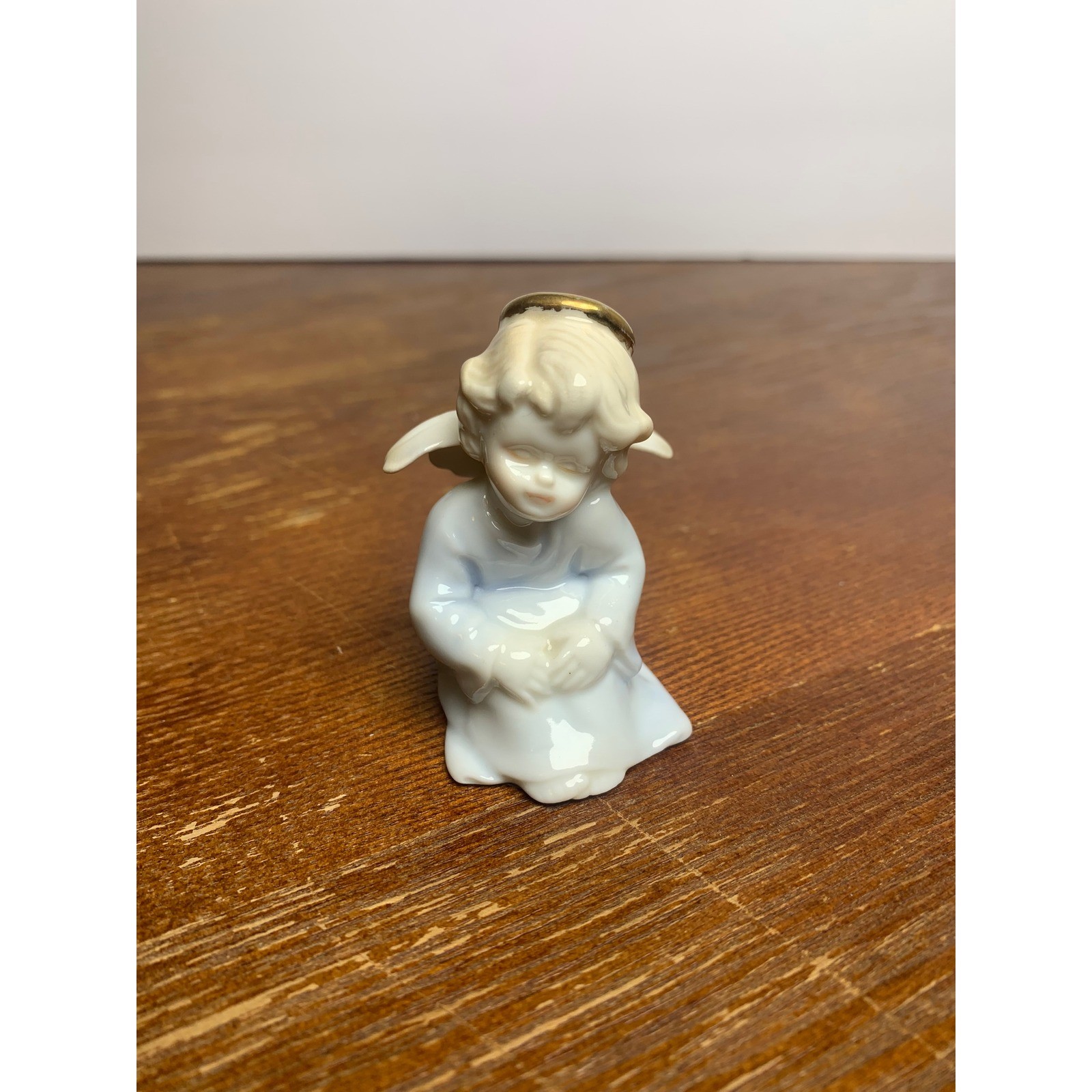 Vintage Russ Berrie Porcelain Kneeling Angel Figurine Gold Halo Blue White 17179