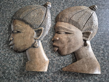 Pair Of Wooden African HandCarved Wall Hangings Of 2 x Woman Tribal Profile