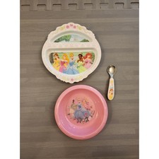 Disney Princess 4 Piece Mealtime Set Divided Plate Bowl Fork Spoon Pink