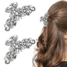 2PCS Rhinestone Hair Claw Clips for Women Fancy Claw Clips Silver