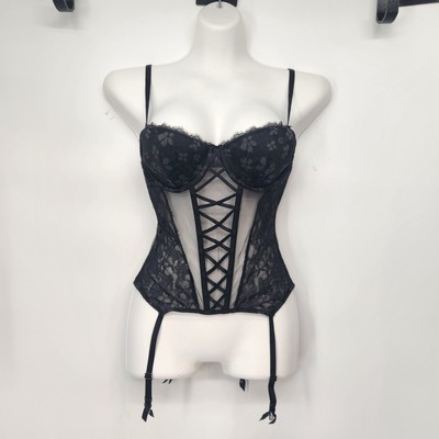 Victoria's Secret Black Lace Corset with attached Garters Women's M