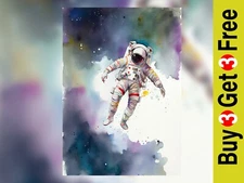 Cosmic Explorer, Astronaut Watercolor Art Print, 5"x7" on Matte Paper
