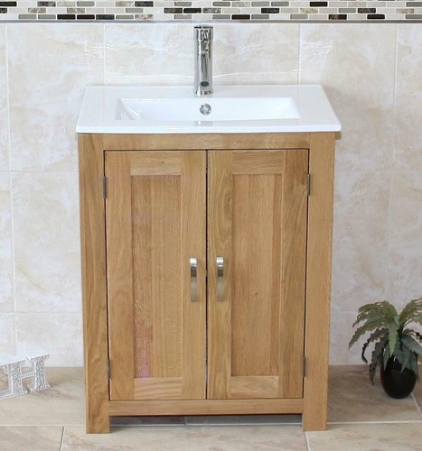 Slimline Bathroom Cabinet Vanity Unit | Solid Oak Furniture | Inset Sink Tap Set - Picture 1 of 9