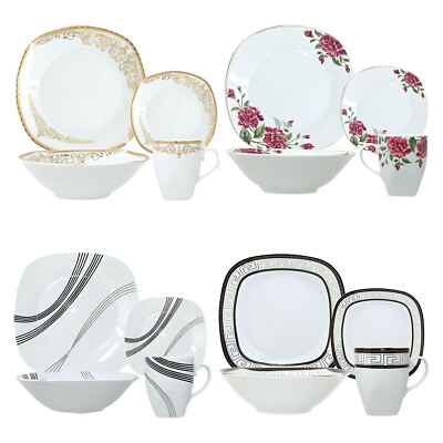 16-tlg. Geschirr Quadratisch Set Porzellan Tasse Küche Dessert Suppenteller Becher Beilagenschale