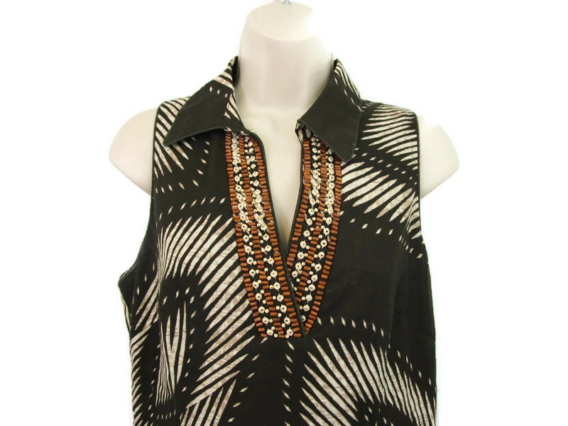 Vestido estampado tribal talla 8 lino marrón sin mangas cuentas cremallera lateral de Spence Foto 2 de 4