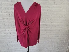 Just My Size Womens Top 2X 18W 20W Plus Long Sleeve Burgundy Gathered Pleated