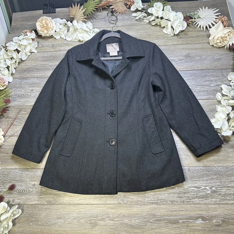 Abrigo BLANCO STAG Talla Grande 12-14 Mujer Gris Oscuro Chaquetón Lana Sencillo Pecho Foto 3 de 4