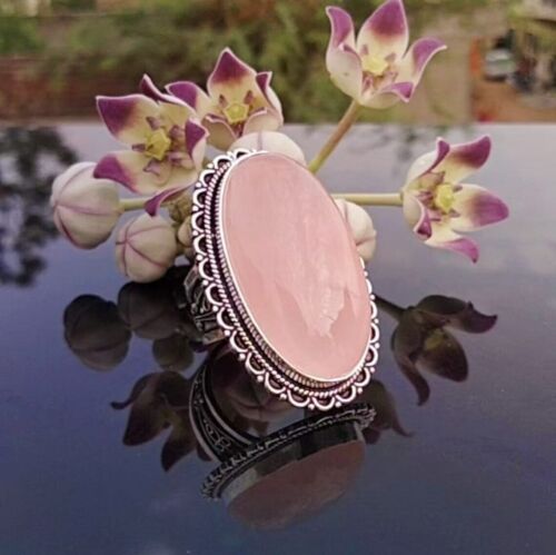 Bonito Cuarzo Rosa Piedra Preciosa 925 Plata de Ley Hecho a Mano Anillo Todo - Imagen 3 de 5