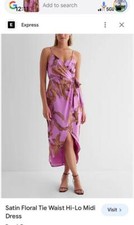 nwt EXPRESS satin floral 2024 tie waist hi low midi dress s m