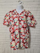 Women's Peaches Uniforms Multicolor Santa Claus Scrub Top, Size M, See Pics