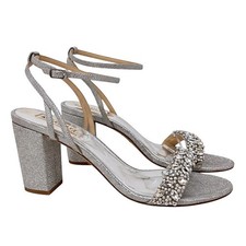 Badgley Mischka Nadine Jewel Block Heel Silver Rhinestone Bridal sandal shoe 9