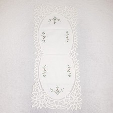 Vintage White Embroidered Floral Table Runner Scalloped Lace Trim 33x15