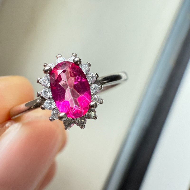 925 Sterling Silver Ring Pink 6x4mm Natural Ruby Gemstone Zircon Flower Jewelry