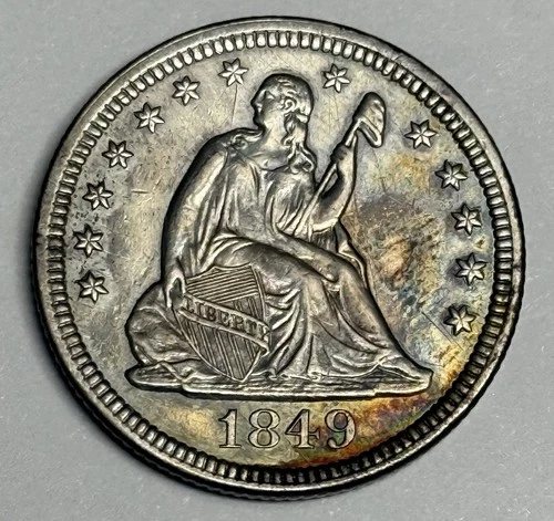 AU 1849-P Seated Liberty Quarter (cleaned), U.S. Type Silver Almost Uncirculated