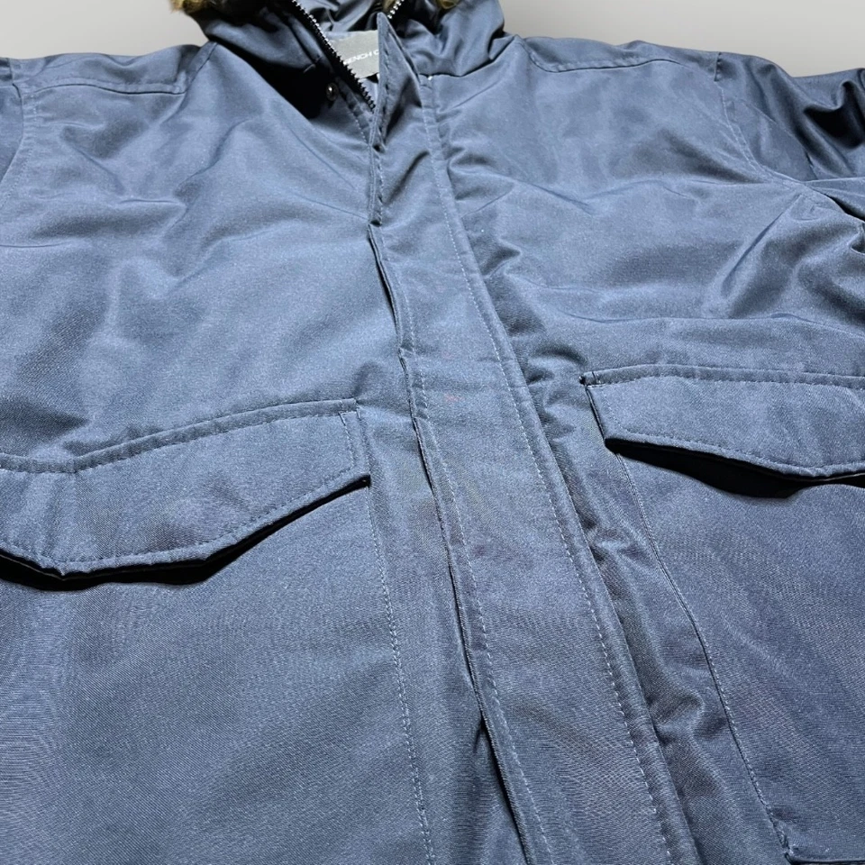 French Connection Mens Navy Hooded Bomber Jacket Faux Fur Trim Zip XL Winter - Image 4 of 4