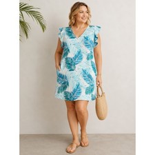 Tahari Linen Palm Leaf Tropical Shift Dress White Blue V-Neck Ruffle Sleeve L