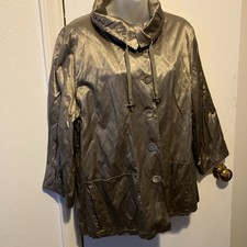 Chico's Jacket Womens 3 -XL/16 Silver Green Metallic Shiny Blazer Button Dressy