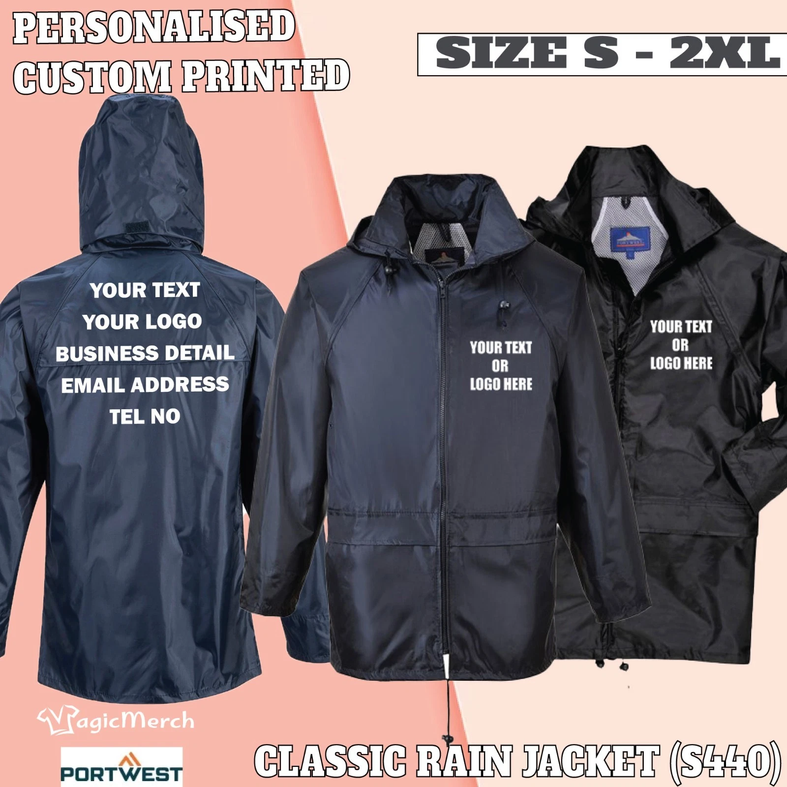Printed Portwest Classic Rain Jacket Personalised Text Logo Workwear Casual Gift