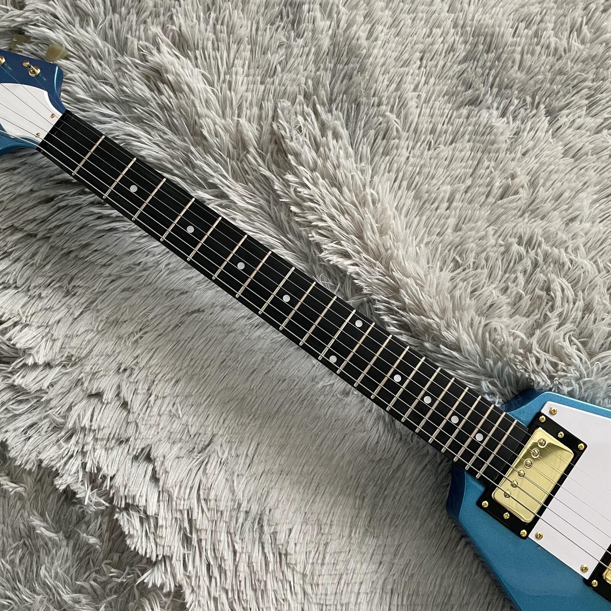 Unbranded Metallic Blue Flying V Electric Guitar Gold Parts