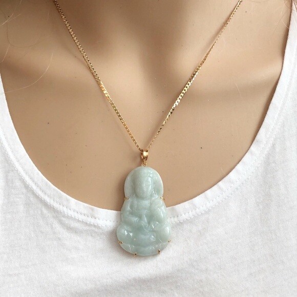 18K Solid Gold Quan/Kwan Yin Lady Buddha Natural Jade Religious Pendant