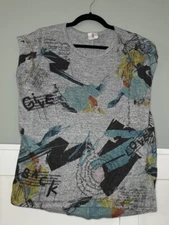 Inoah Womens Short Sleeve Top Sz Small Multicolor Love Give Back Art to Wear