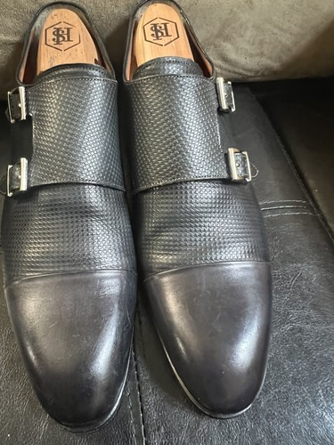 Santoni Double Monk Strap Mens Black Leather Buckles  Italy 11652 45 F  8.5 READ