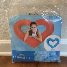 Sun & Sky Inflatable Giant Heart Blue Ring Pool Toy Swim Float 63x53” NEW 2018