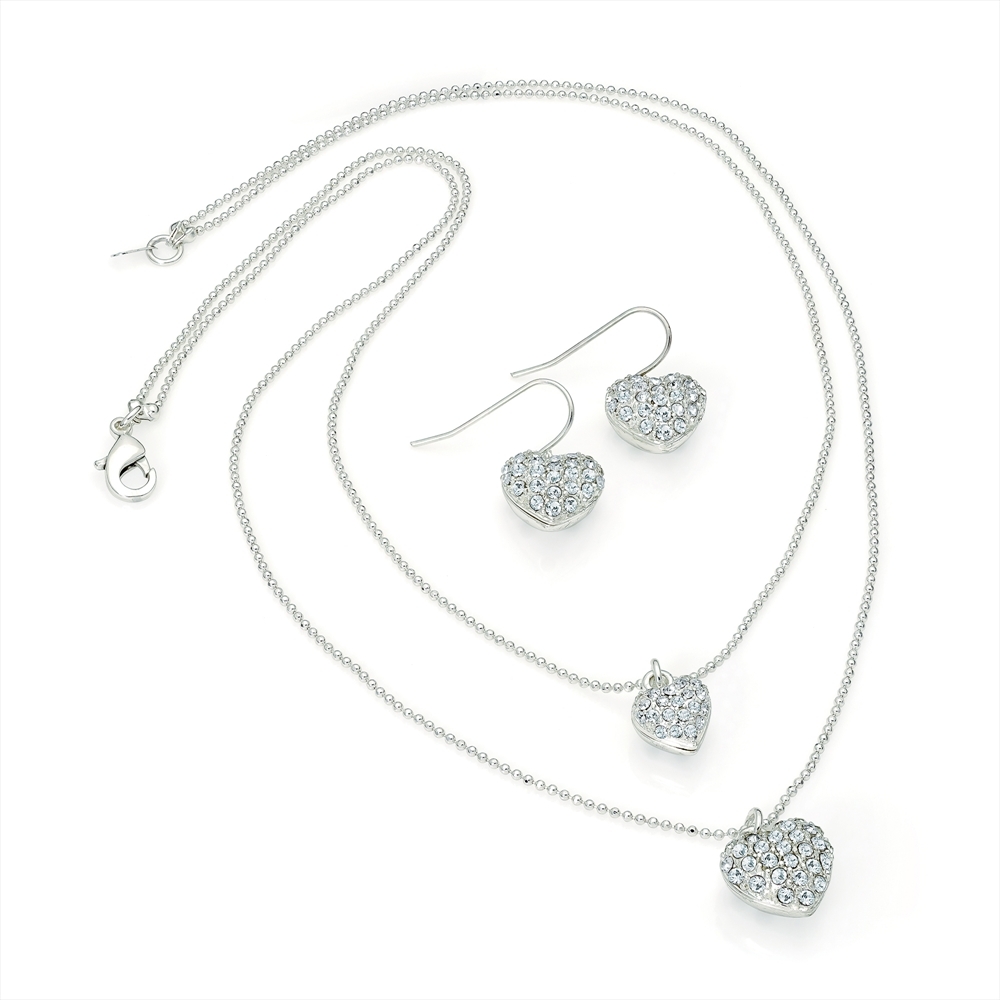 SALE REDUCED TO CLEAR Crystal Diamante Heart Pendant 2 Row Chain & Earring Set