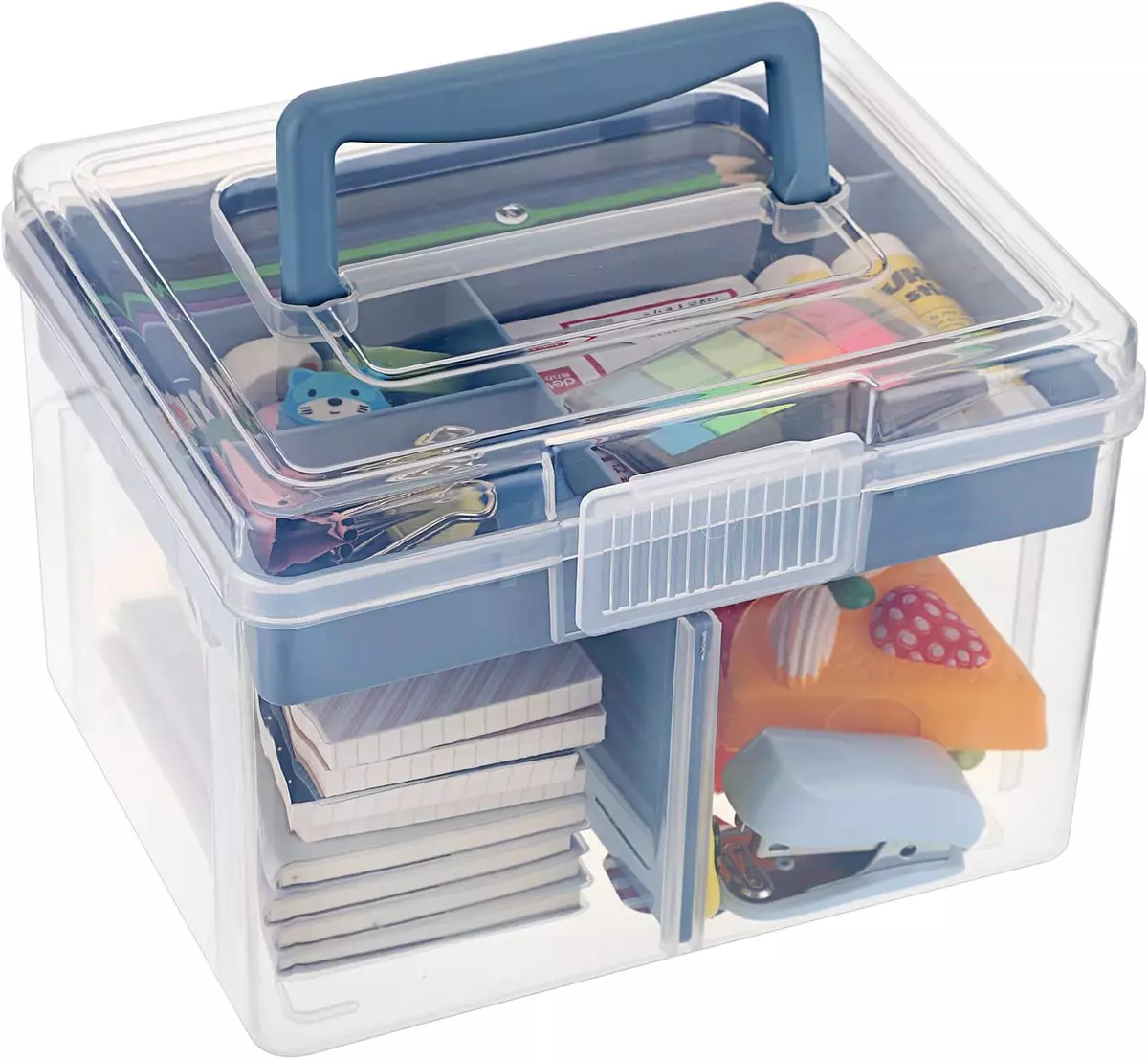 BTSKY 2 Layer Clear Plastic Dividing Storage Box with Removable Small Blue