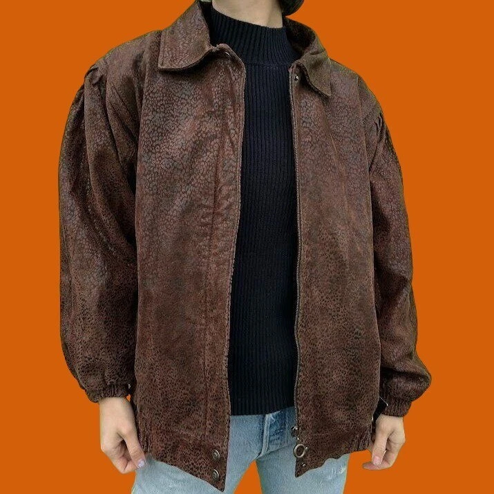 Chaqueta Bomber Grande De Colección Años 80 Pelle Estampado Animal Cuero Cremallera Gran Tamaño Nueva con Etiquetas