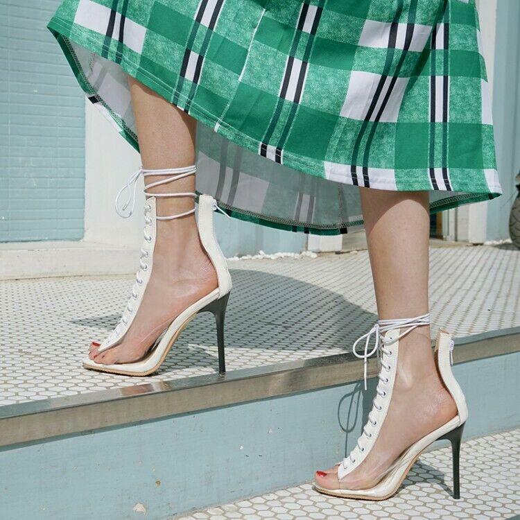Clear Women Lace Up Peep Toe Transparent Ankle Boots Sandals PVC