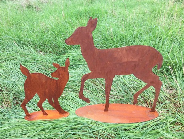 2Er Set Reh Gehend 56Cm Mit Rehkitz 37Cm Nach Hinten Kitz Hirsche Rehe Edelrost-image