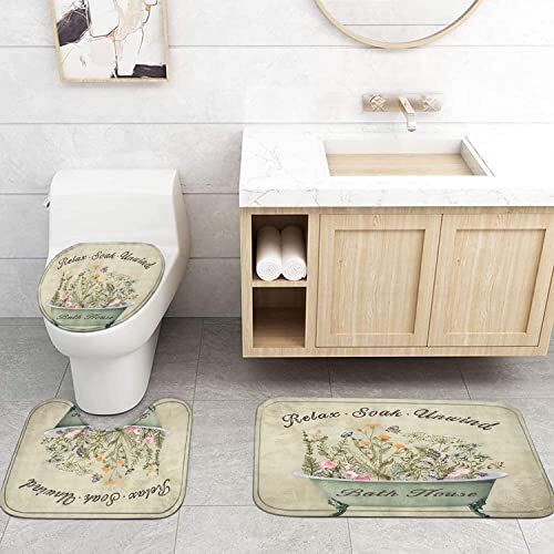 4 Pcs Floral Shower Curtain Set Vintage Flowers Leaves Bathroom Sets Green - Bild 3 von 7