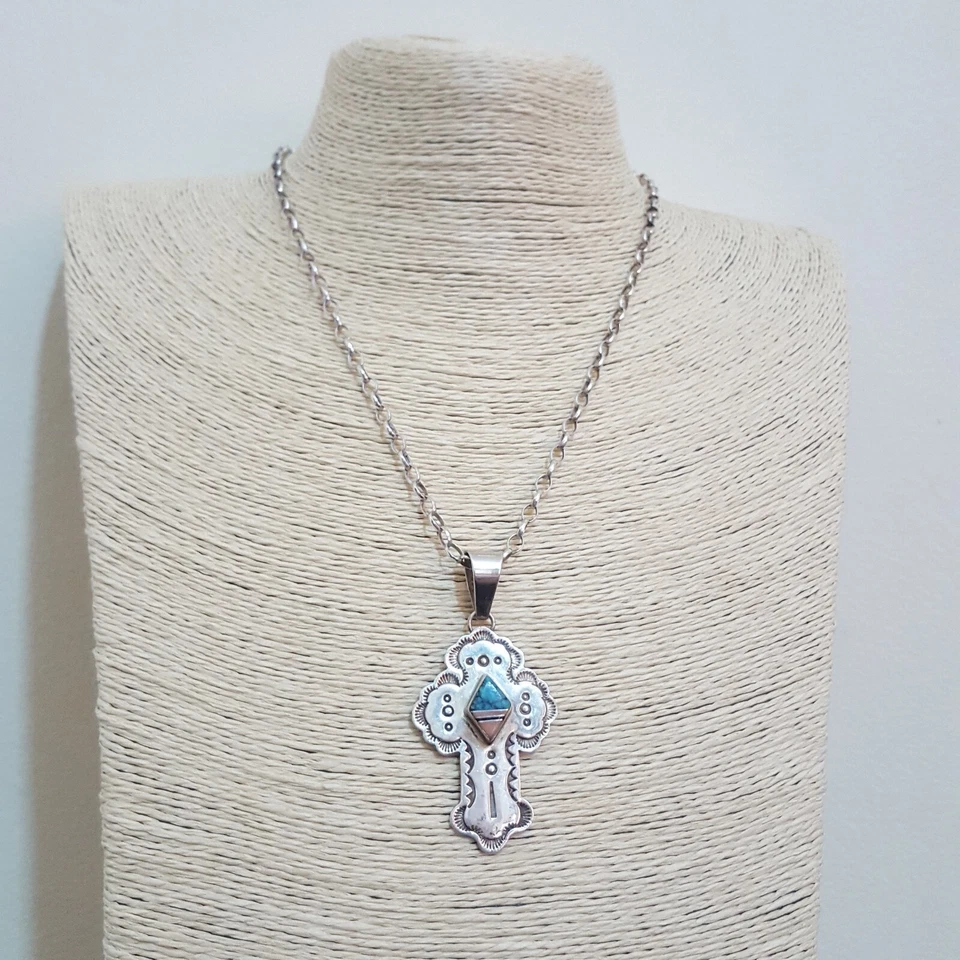 Collar vintage de plata de ley 925, cruz grande de nativos americanos, turquesa Foto 2 de 4