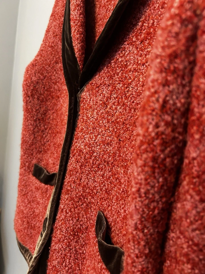 Anthropologie HWR Sweater Blazer Large Red Pink Wool Boucle Brown Velvet Trim - Image 3 of 4