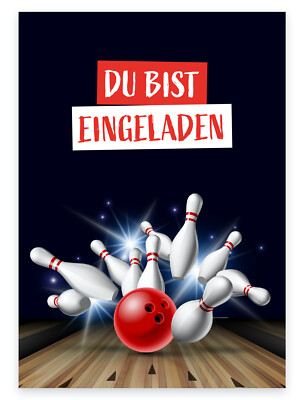 12 Einladungskarten Geburtstagseinladung Kegeln Kindergeburtstag 14,8x10,5cm