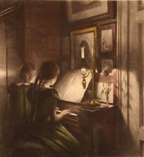 Peter Ilsted, Interieur mit zwei Mädchen am Klavier. Mezzotint in den Farben.