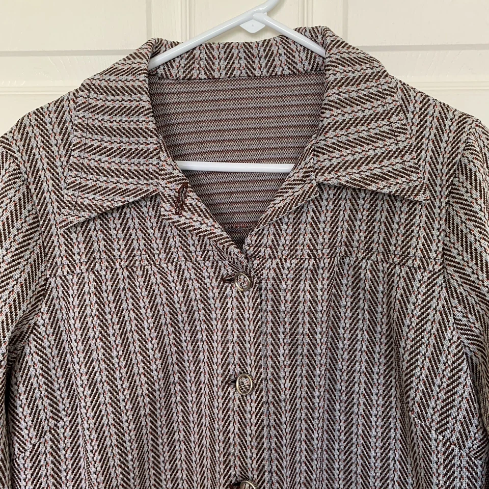 Camisa Chaqueta Vintage Marrón Rayas Mujer’s 2XL Hecha a Mano Retro LEER 70’s Foto 2 de 4