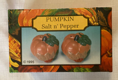 Set of Pumpkin Salt & Pepper Shakers w/ Green Leaf Brown Stem by Magic Creations