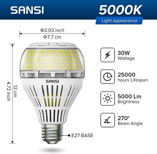 SANSI E27 30W Bombilla LED Luz Blanca 5000K Bajo Consumo Alto Brillo 5000lm Lámp - Imagen 6 de 12