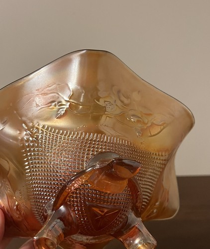 Antique Northwood Marigold Carnival Glass Fine Cut Rose Ruffled Edge Footed Bowl - Picture 9 of 13