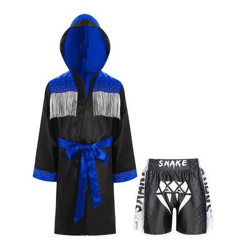 Kid Boys Boxing Outfits Metallic Satin Hooded Robe Cloak and Belt Shorts Set - Picture 50 of 84