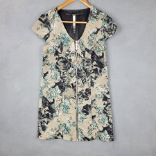 Kensie Dress Womens XS Beige Black Teal Floral Ruffle Zip Front Short Sleeve