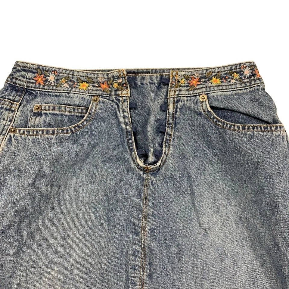 Falda Midi Denim Bordada Floral Vintage Route 66 6 Y2K Boho Festival Foto 2 de 4