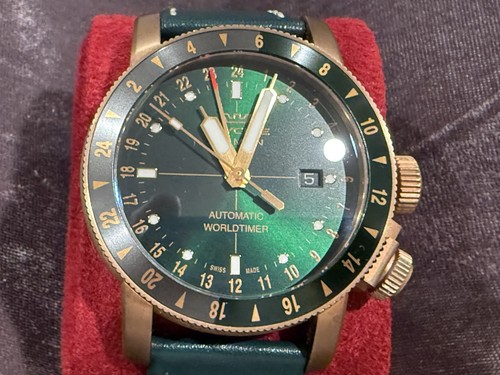 Glycine Airman 44 GMT Bronze case Green dial Full set Worn 1x Track 3 timezones