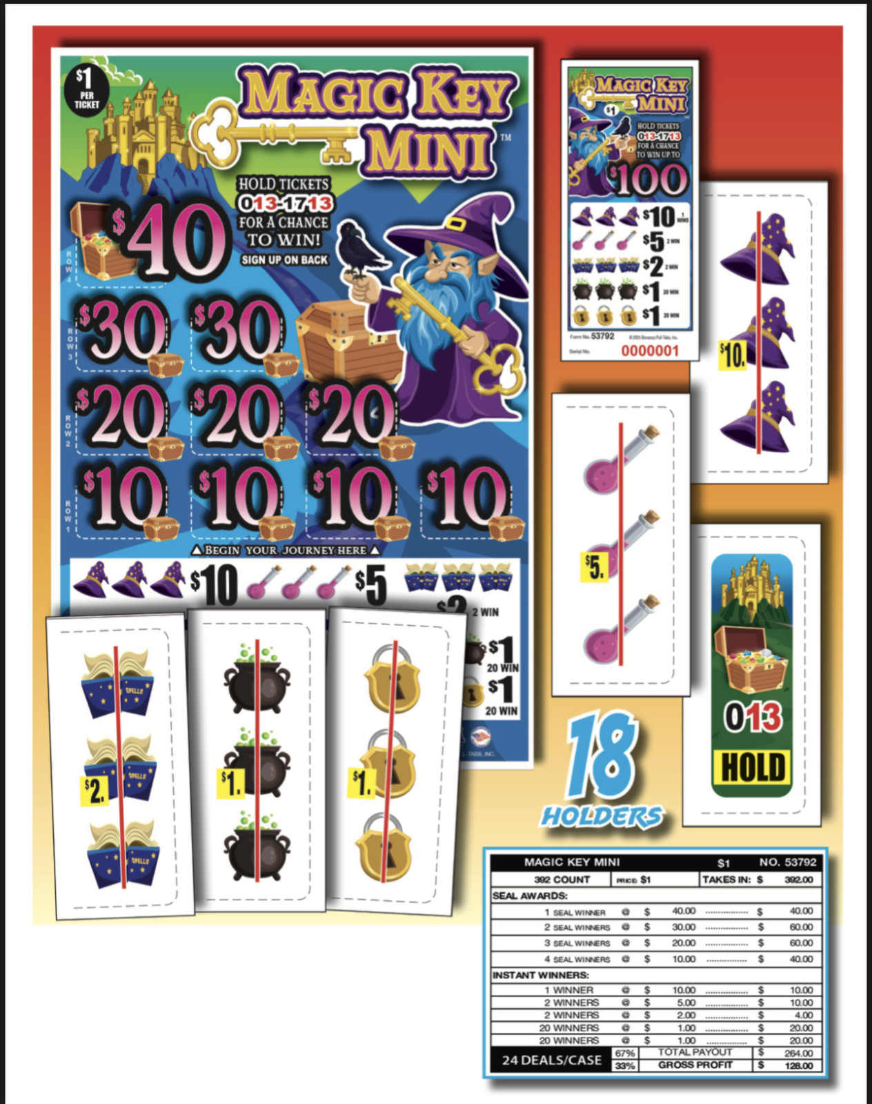 Pull Tab - Hard Card - Tickets Game - Magic Key Mini - 392 ct
