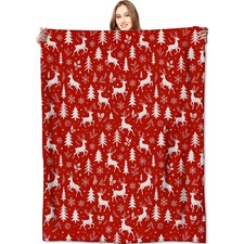Red and White Reindeer Blanket Christmas Holiday Decor Winter Forest Xmas Thr...