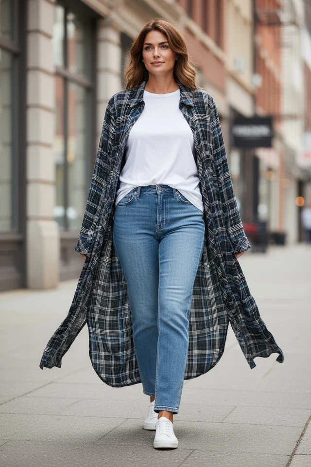 Cárdigan plumero largo verde azul marino ligero a cuadros Torrid Holiday mangas abiertas 2X Foto 2 de 4